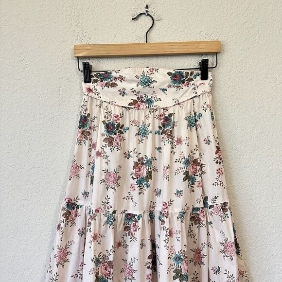 ANNA MASON Maxi Skirt Beige Floral Tiered Flare Cotton Peasant Fairy - Picture 3 of 11
